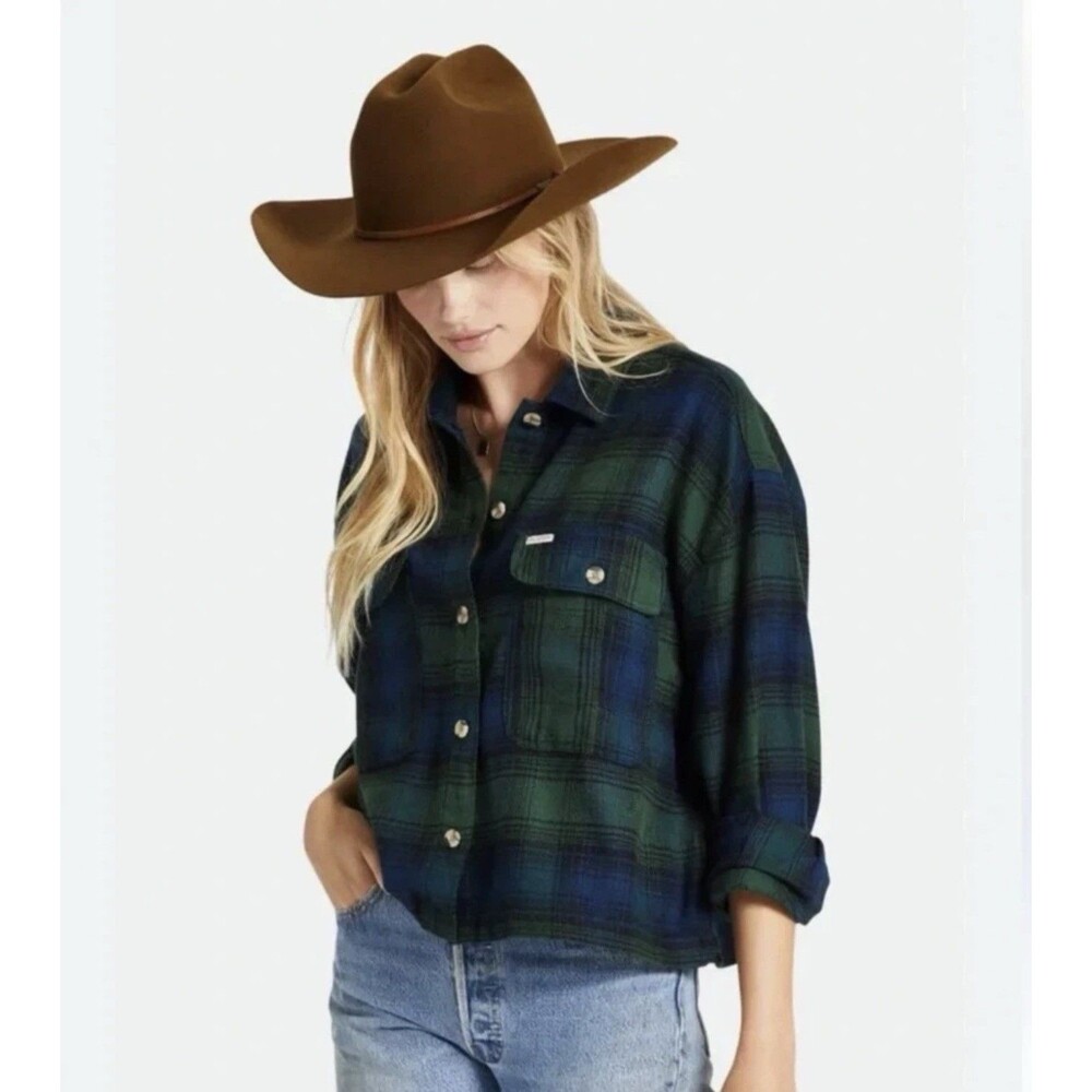 Brixton Original Bowery Flannel Womens XS Green Blue Plaid Cropped Boxy Shirt